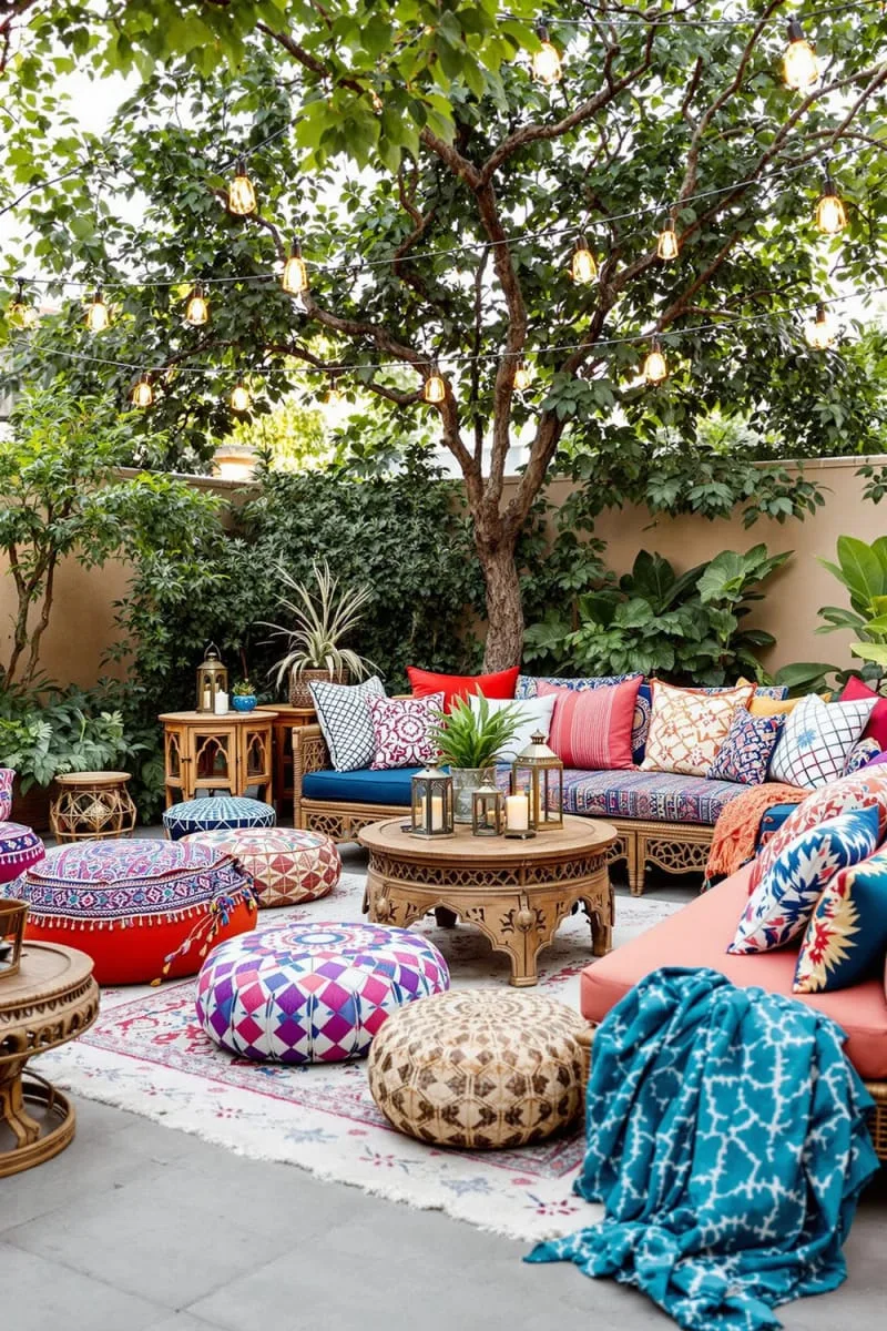 moroccan-inspired lounge with colorful poufs and patterned textiles 1
