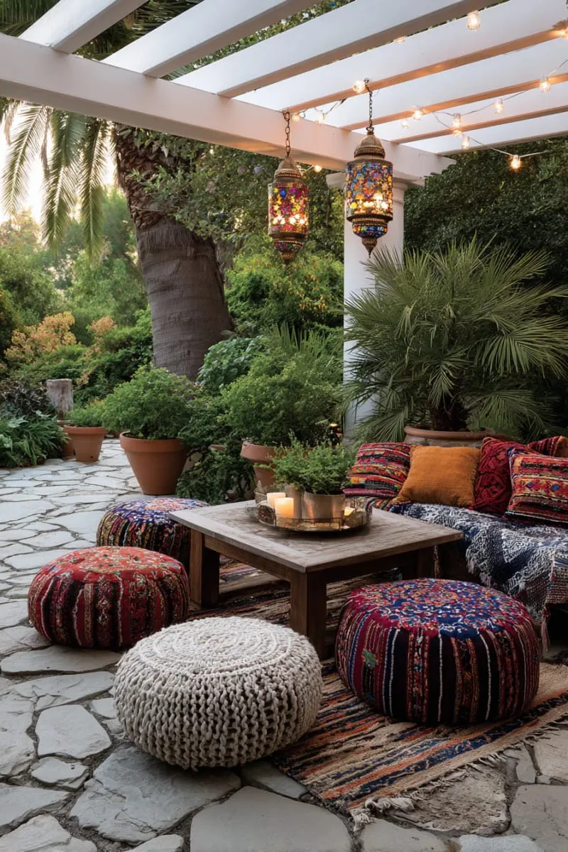 moroccan-inspired lounge with colorful poufs and patterned textiles 1