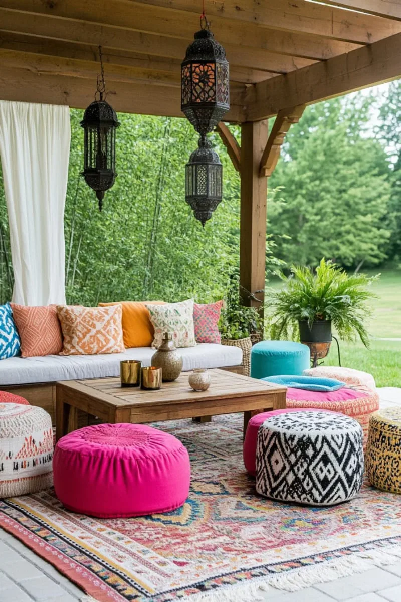 moroccan-inspired lounge with colorful poufs and patterned textiles 1