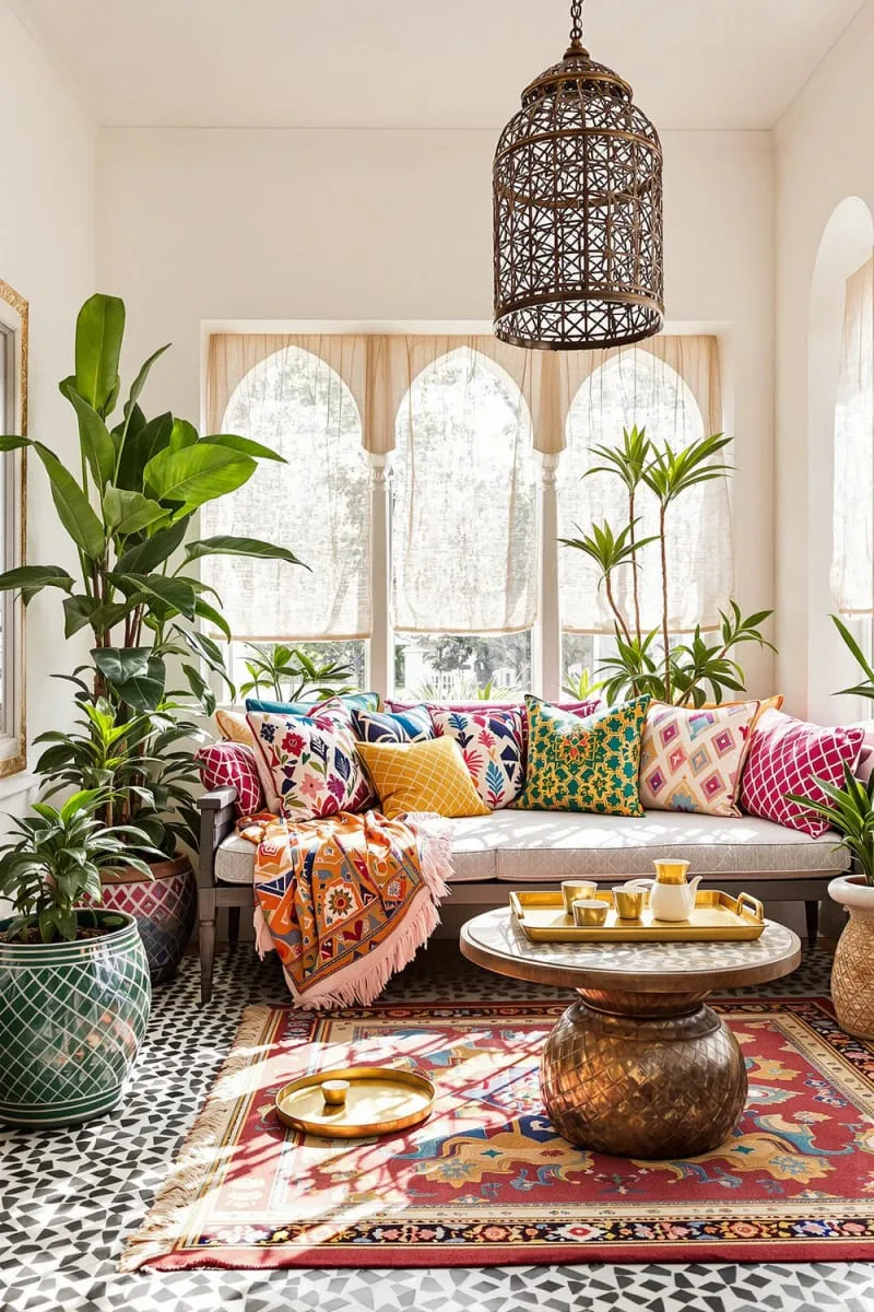 19 Small Sunroom Ideas to Brighten Small Spaces 96 moroccan-inspired sunroom featuring lanterns and patterned textiles 1