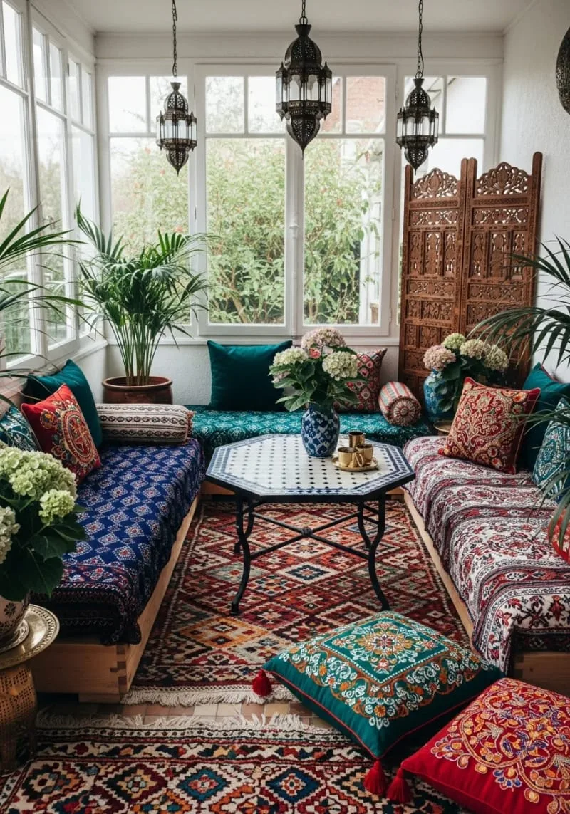 19 Small Sunroom Ideas to Brighten Small Spaces 97 moroccan-inspired sunroom featuring lanterns and patterned textiles 1