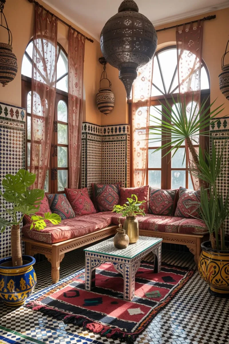 19 Small Sunroom Ideas to Brighten Small Spaces 98 moroccan-inspired sunroom featuring lanterns and patterned textiles 1