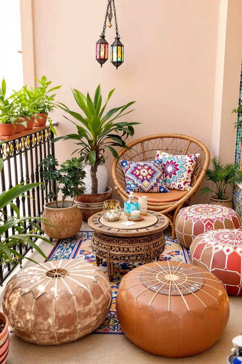 moroccan poufs and patterned pillows for a global look 1