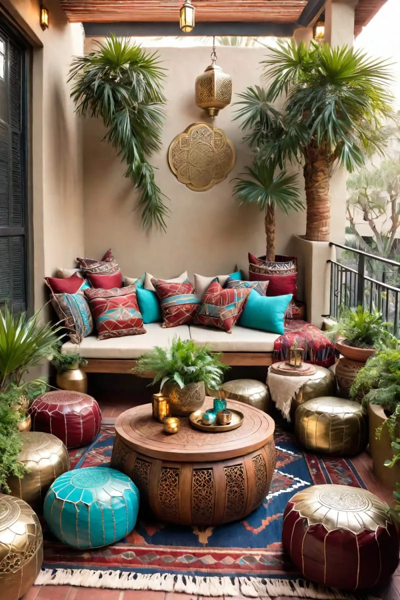 moroccan poufs and patterned pillows for a global look 1