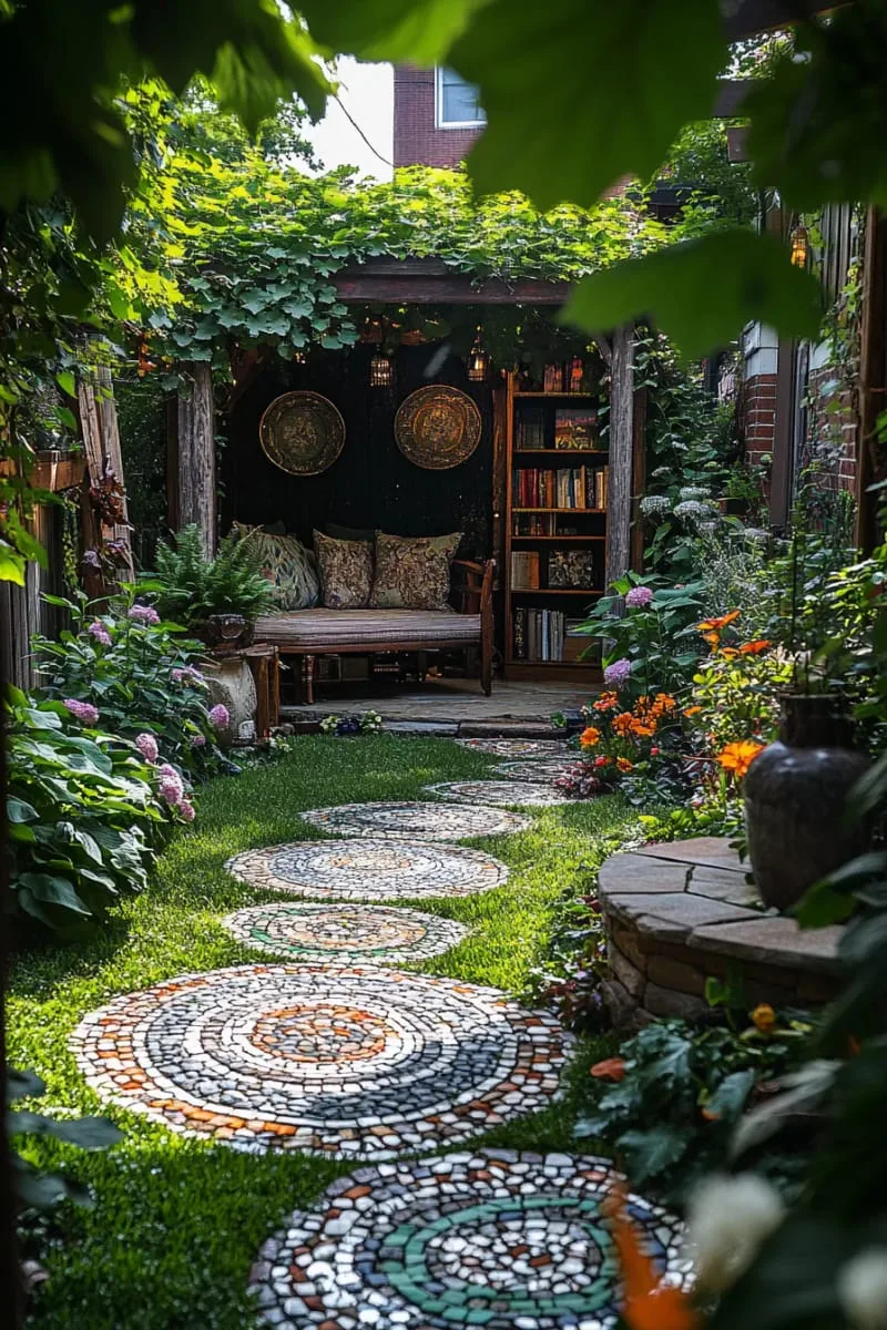 27 New Small Backyard Designs to Copy For Your Outdoor Space 44 mosaic stepping stones leading to a secret reading alcove 1