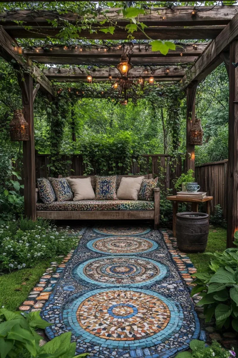 27 New Small Backyard Designs to Copy For Your Outdoor Space 45 mosaic stepping stones leading to a secret reading alcove 1