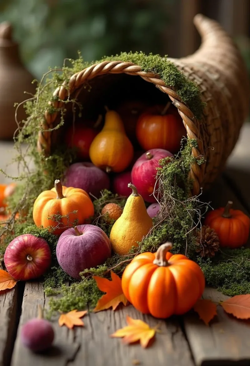 moss-filled cornucopia spilling with velvet fruits 1