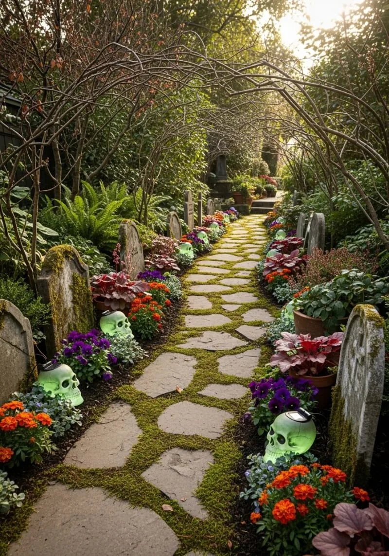 mossy gravestone pathway with solar-powered glowing skulls 1