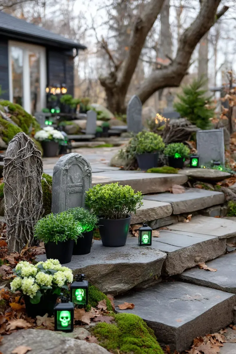 mossy gravestone pathway with solar-powered glowing skulls 1