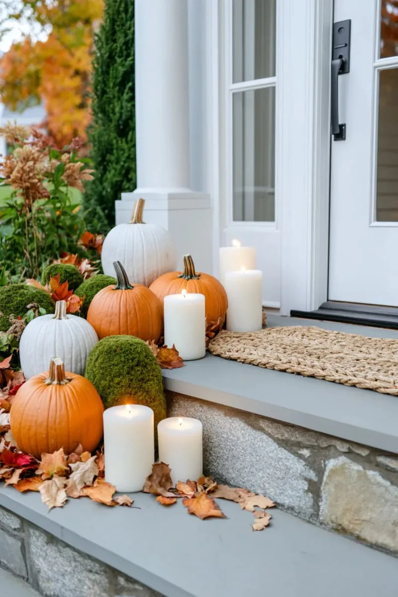 mossy pumpkins accompanied by clusters of white candles 1 mossy pumpkins accompanied by clusters of white candles 1