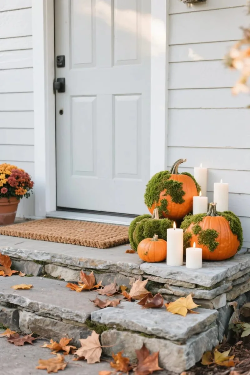 mossy pumpkins accompanied by clusters of white candles 1 mossy pumpkins accompanied by clusters of white candles 1