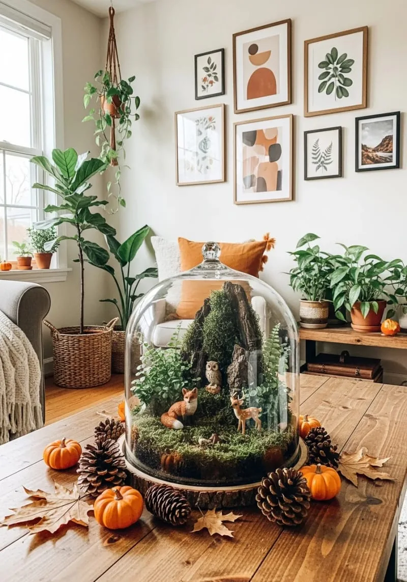 mossy terrarium centerpiece with tiny woodland animal figurines 1