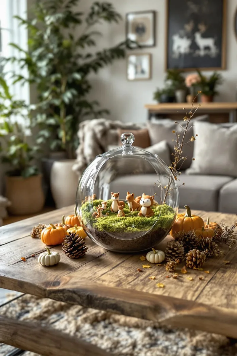 mossy terrarium centerpiece with tiny woodland animal figurines 1