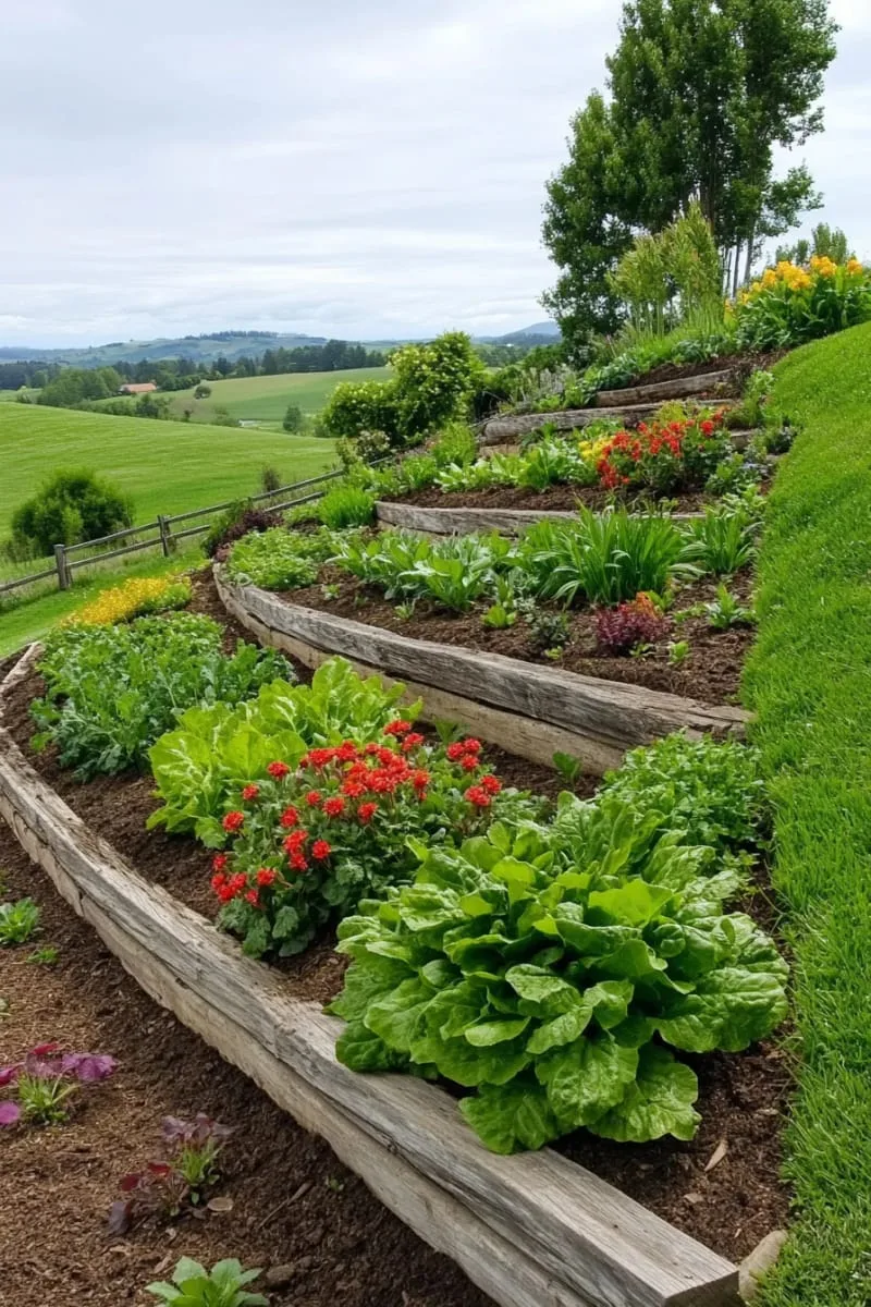 multi-level vegetable and herb gardens with rustic timber borders 1