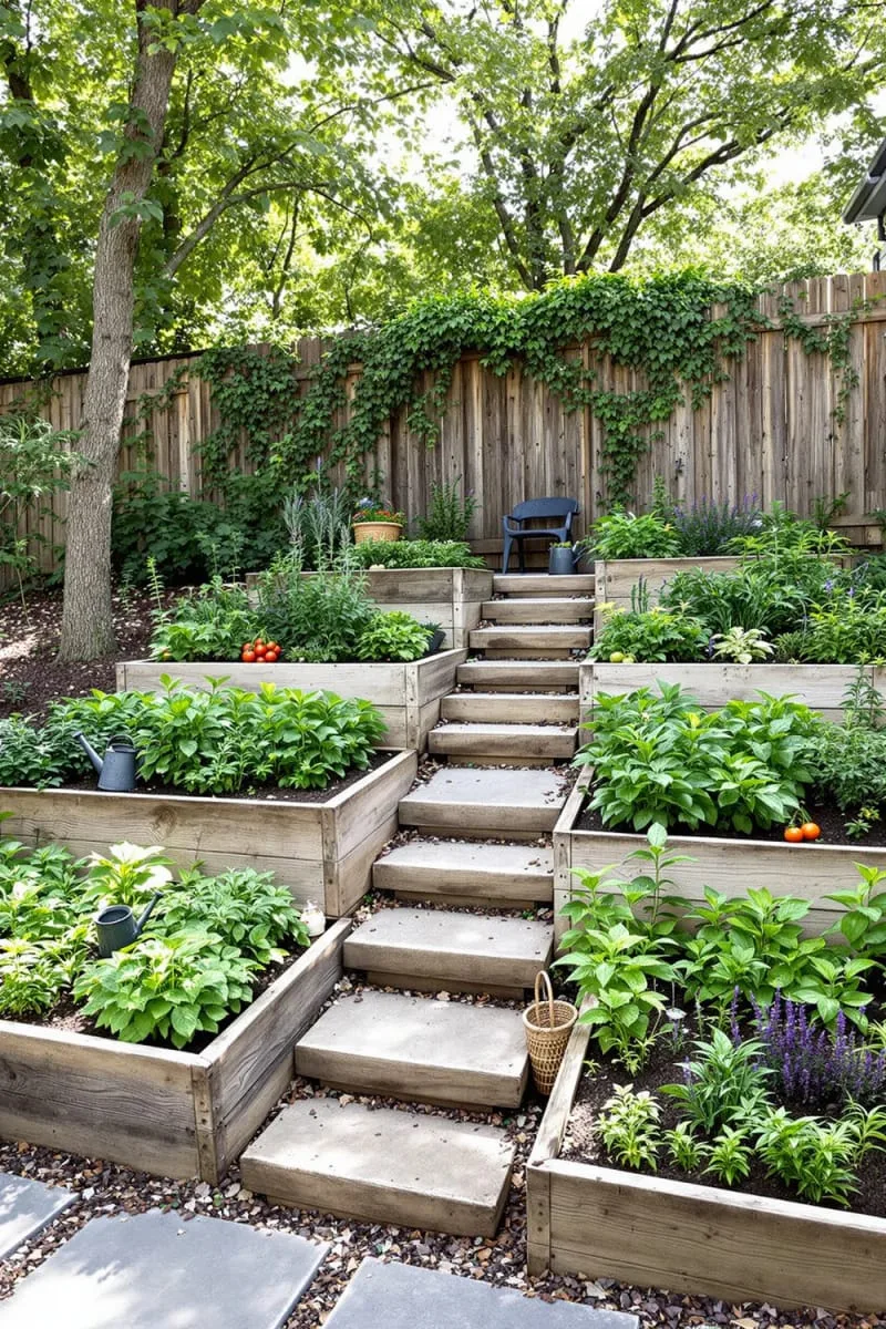 multi-level vegetable and herb gardens with rustic timber borders 1