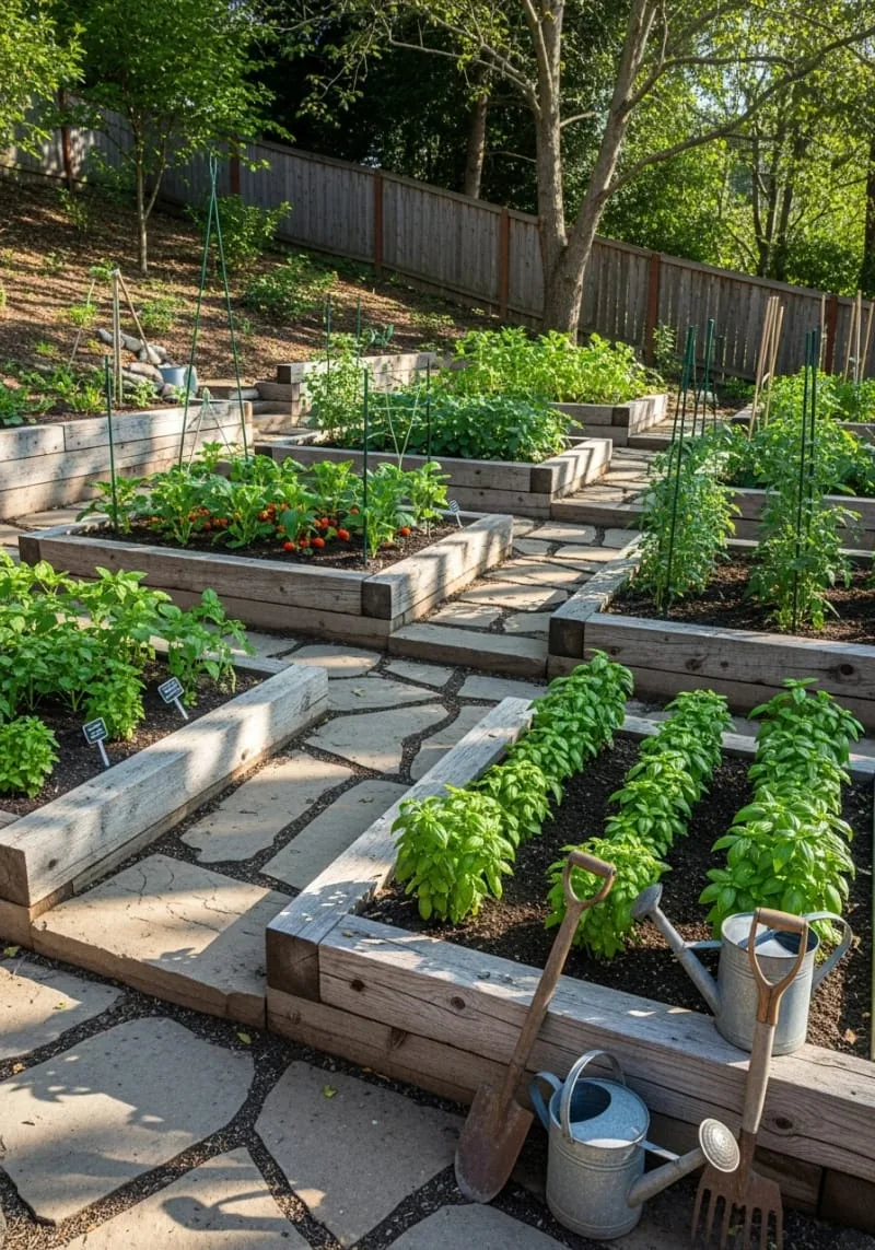 multi-level vegetable and herb gardens with rustic timber borders 1
