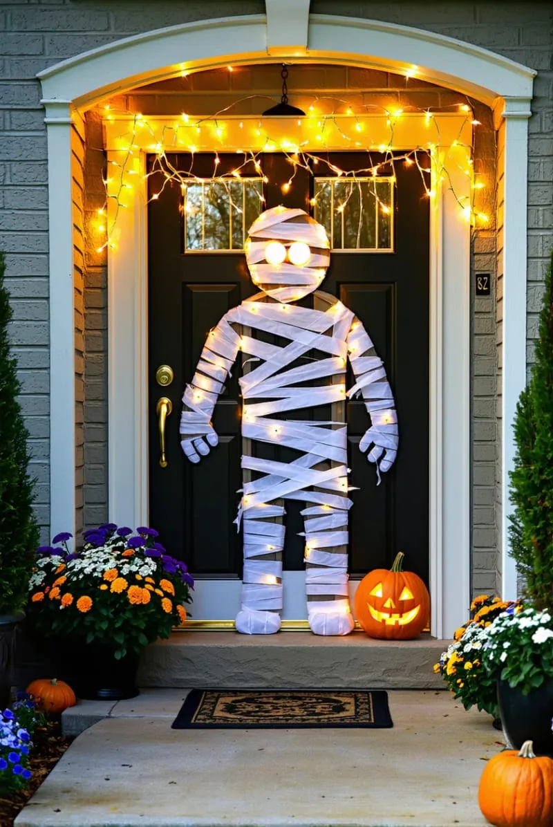 21 Creative Halloween Door Decorations: Ideas for a Festive Welcome 15 mummy door with googly glowing eyes peeking through white bandages 1