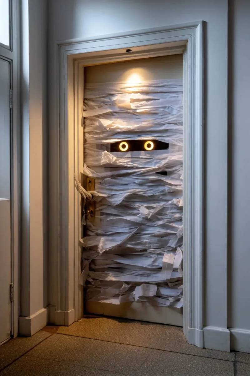 21 Creative Halloween Door Decorations: Ideas for a Festive Welcome 16 mummy door with googly glowing eyes peeking through white bandages 1