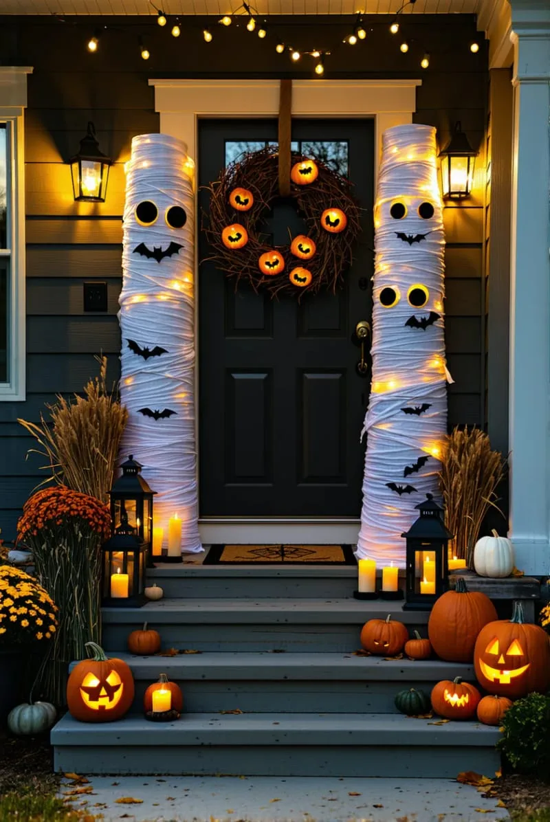 21 Unique Outdoor Halloween Decorations to Try This Year 57 mummy-wrapped porch columns with googly eyes peeking out 1