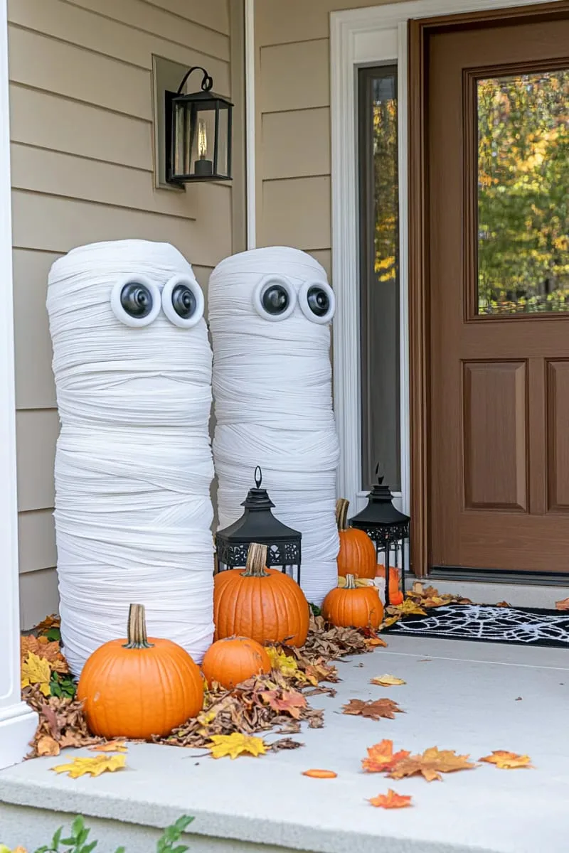 21 Unique Outdoor Halloween Decorations to Try This Year 60 mummy-wrapped porch columns with googly eyes peeking out 1