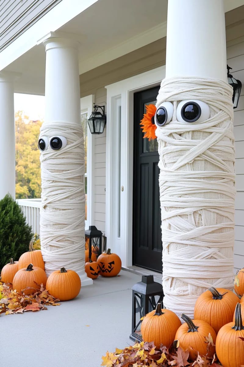 21 Unique Outdoor Halloween Decorations to Try This Year 64 mummy-wrapped porch columns with googly eyes peeking out 1