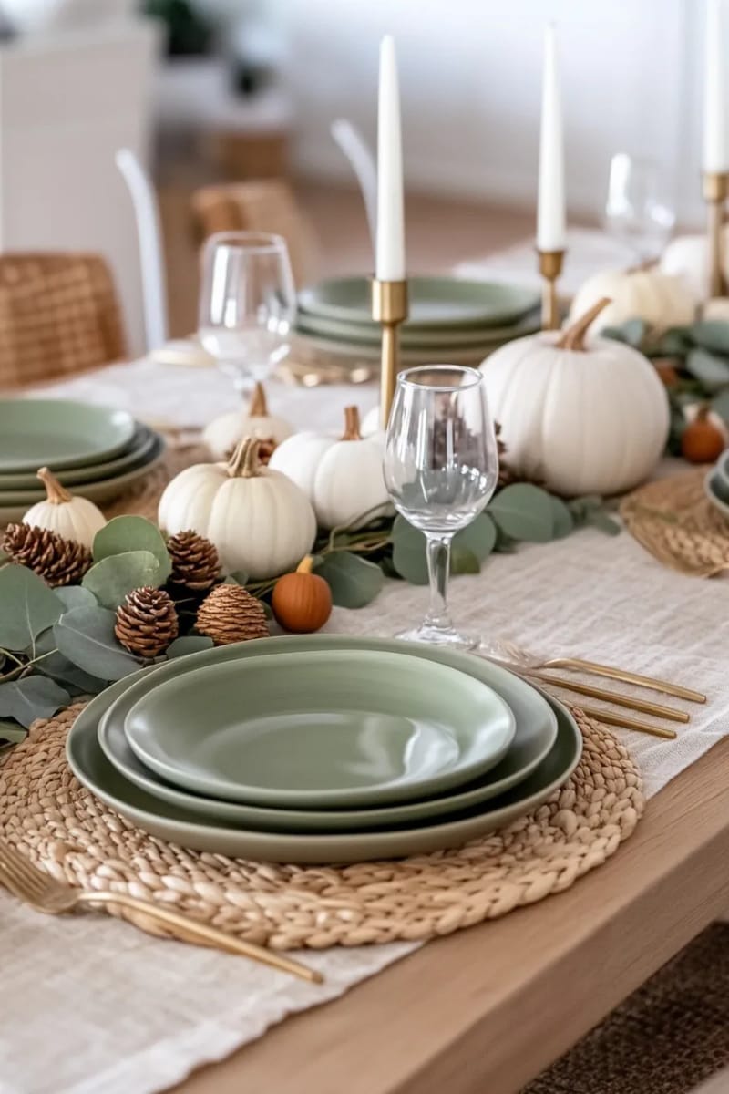 muted autumn tablescape with sage green plates and neutral pumpkins 1