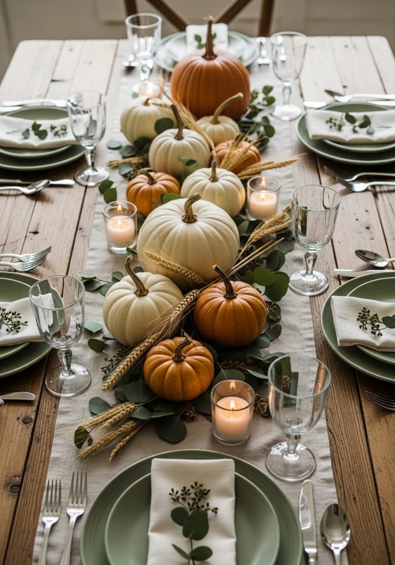muted autumn tablescape with sage green plates and neutral pumpkins 1