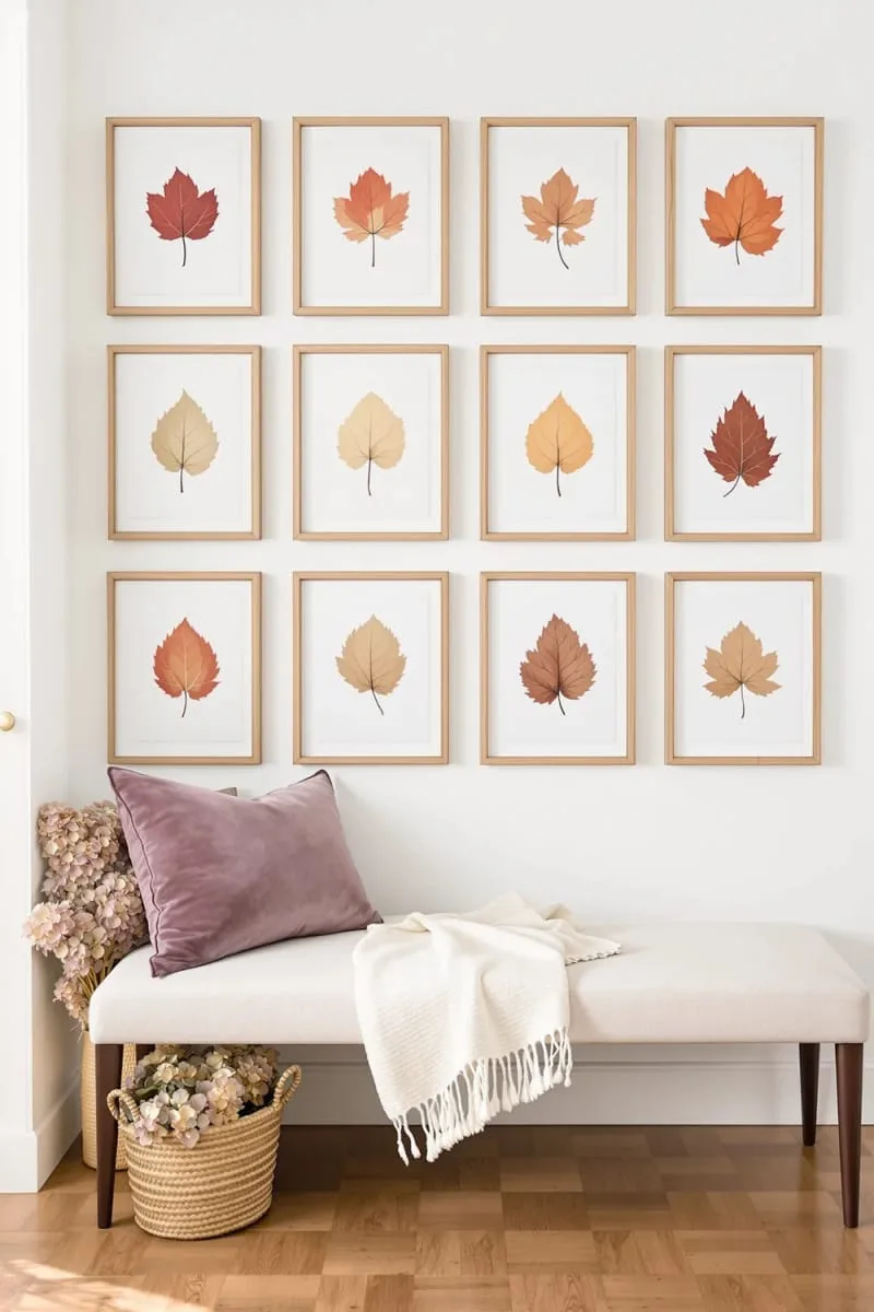 muted autumnal artwork gallery wall with pressed leaf frames 1