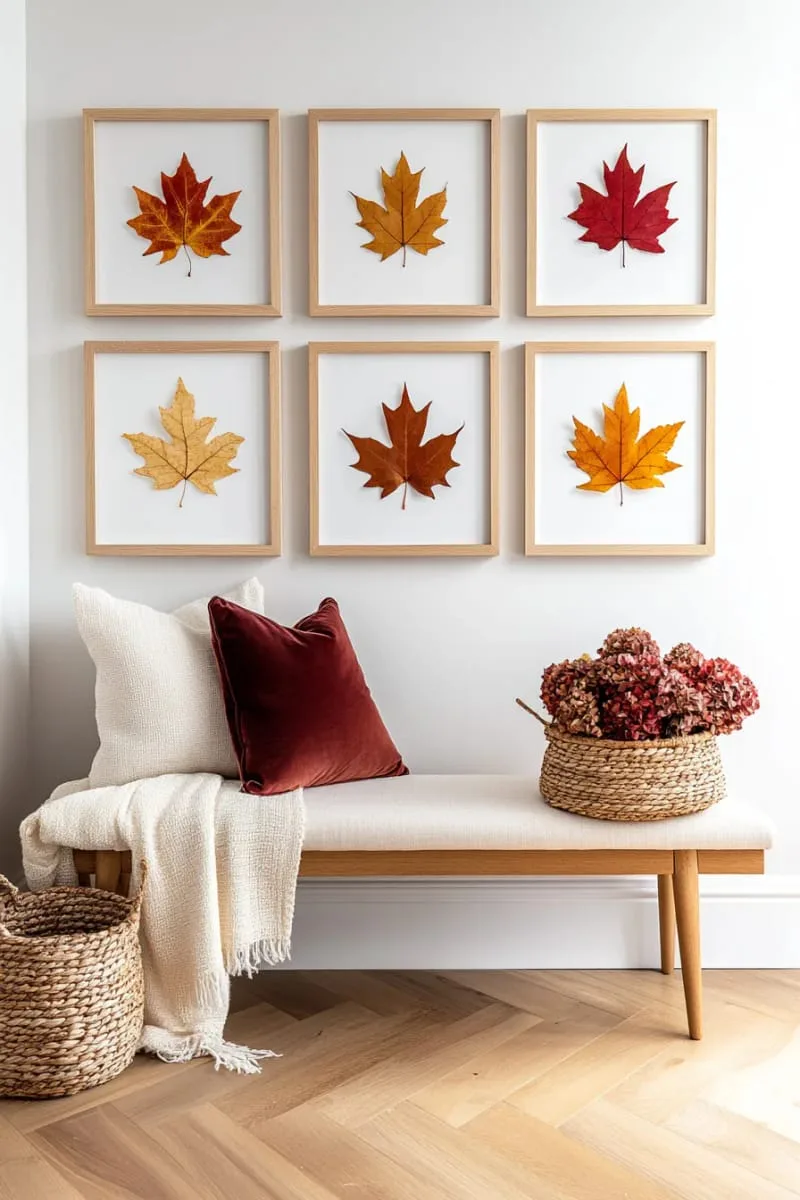 muted autumnal artwork gallery wall with pressed leaf frames 1