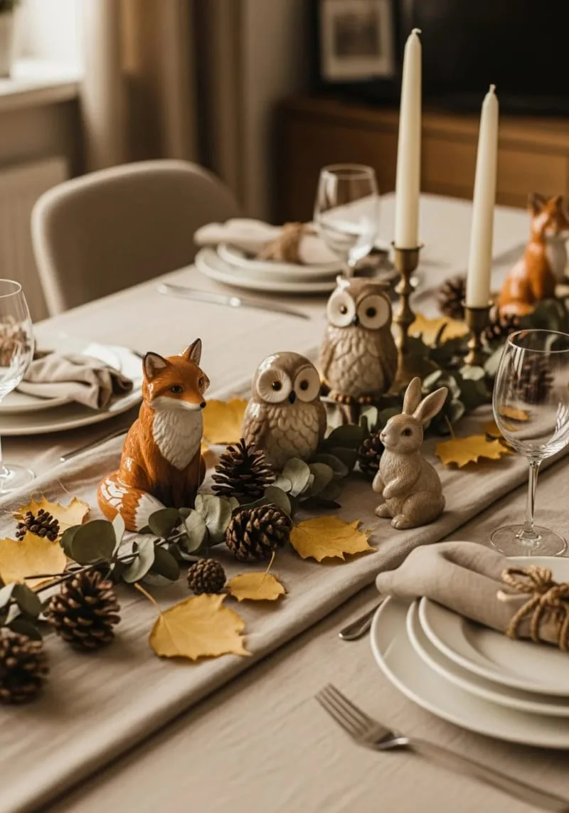 muted earth-tone tablescape with ceramic woodland creatures 1 muted earth-tone tablescape with ceramic woodland creatures 1