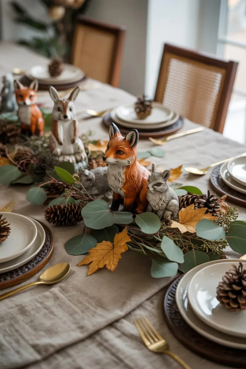 muted earth-tone tablescape with ceramic woodland creatures 1 muted earth-tone tablescape with ceramic woodland creatures 1