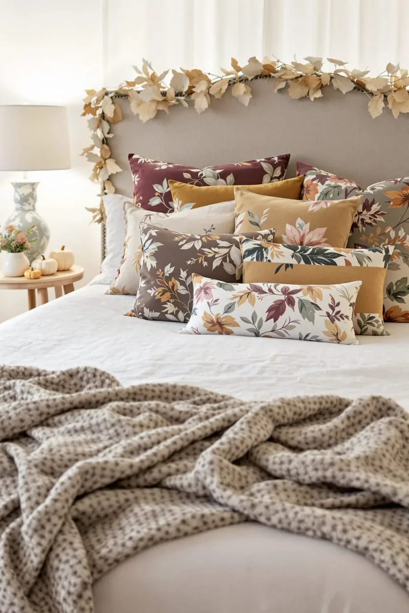 muted floral pillow piles in rich fall tones 1