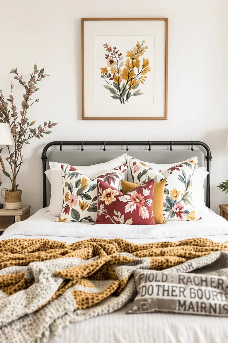 muted floral pillow piles in rich fall tones 1