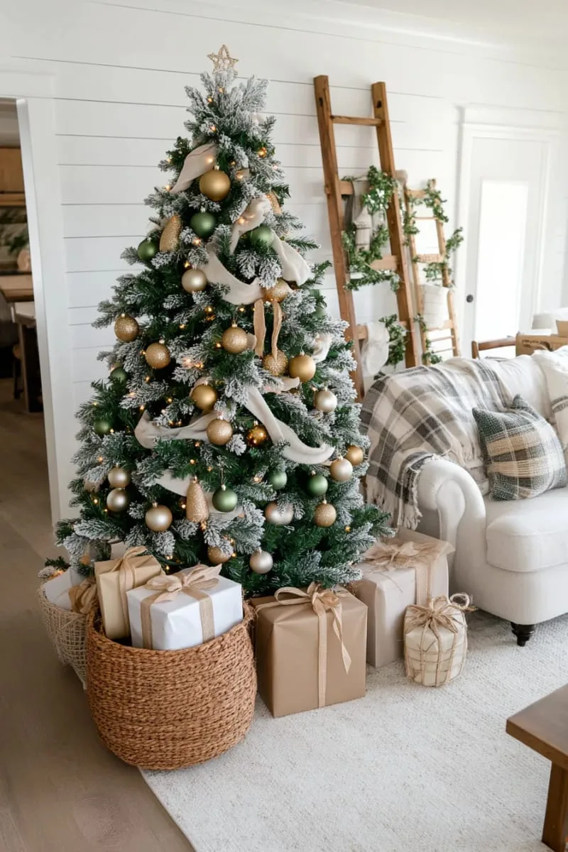muted green and cream ornaments on a flocked farmhouse tree 1