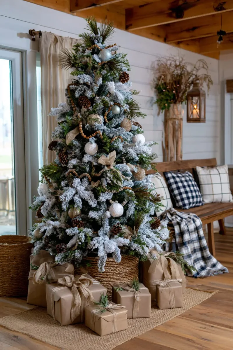 muted green and cream ornaments on a flocked farmhouse tree 1