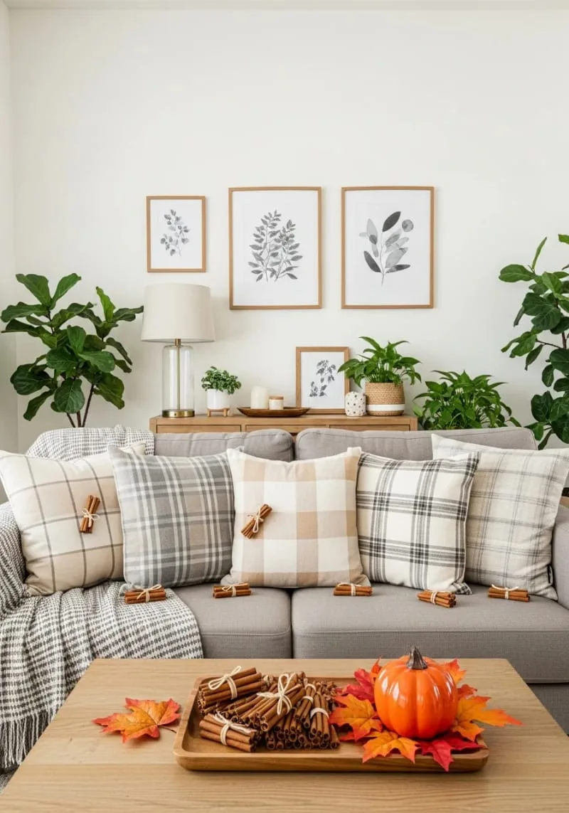 muted plaid throw pillows paired with cinnamon stick bundles on sofas 1