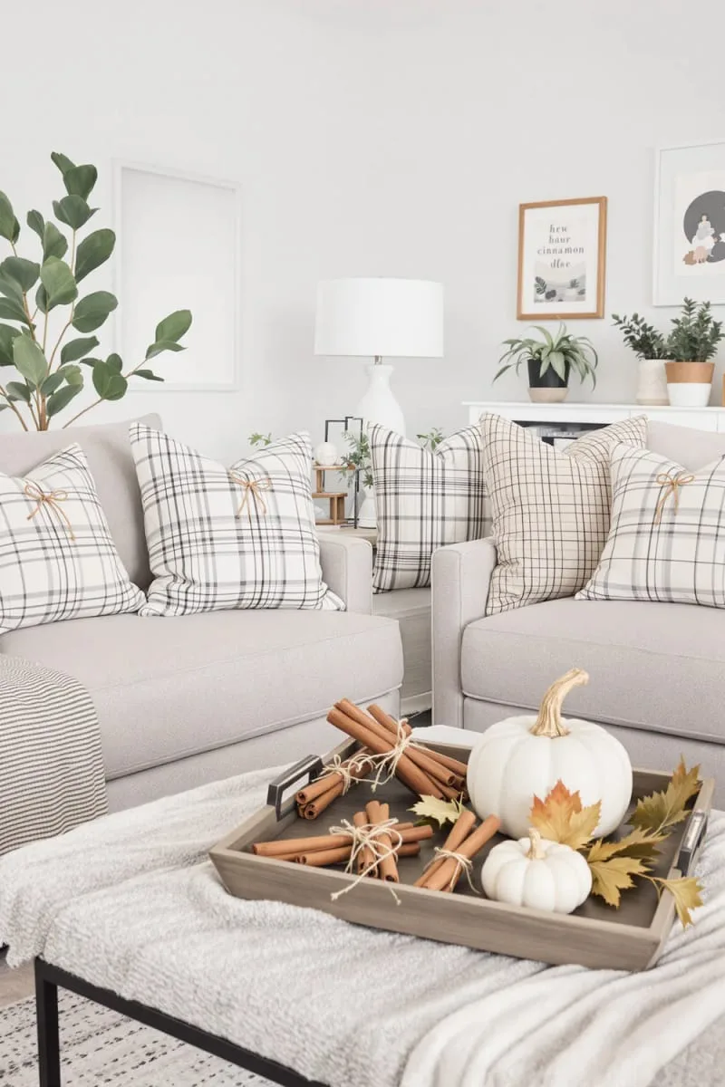 muted plaid throw pillows paired with cinnamon stick bundles on sofas 1