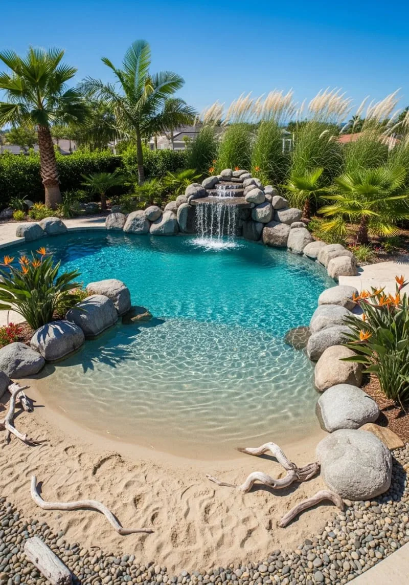 natural boulders and cascading waterfall at the edge of a beach entry 1