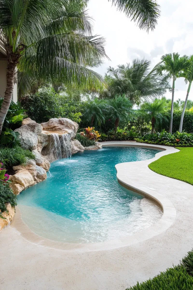 natural boulders and cascading waterfall at the edge of a beach entry 1