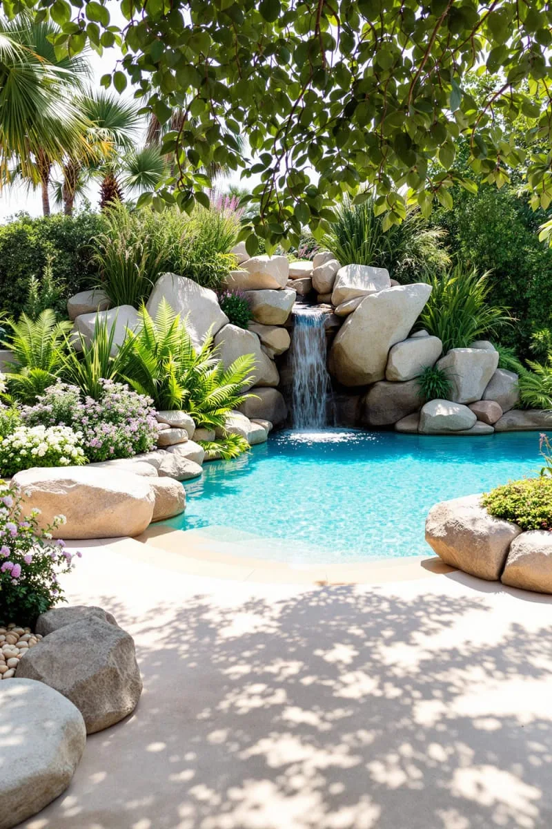 natural boulders and cascading waterfall at the edge of a beach entry 1