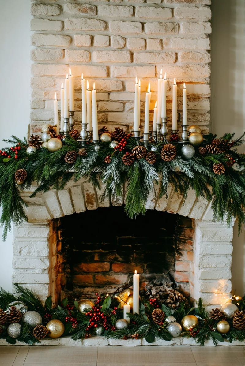 nature-inspired mantel with fresh pine, eucalyptus, and white candles 1