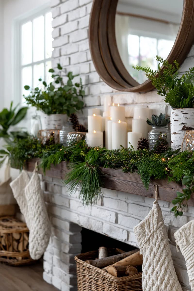 nature-inspired mantel with fresh pine, eucalyptus, and white candles 1