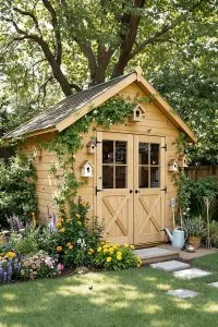 nature inspired shed with birdhouses and butterfly 51