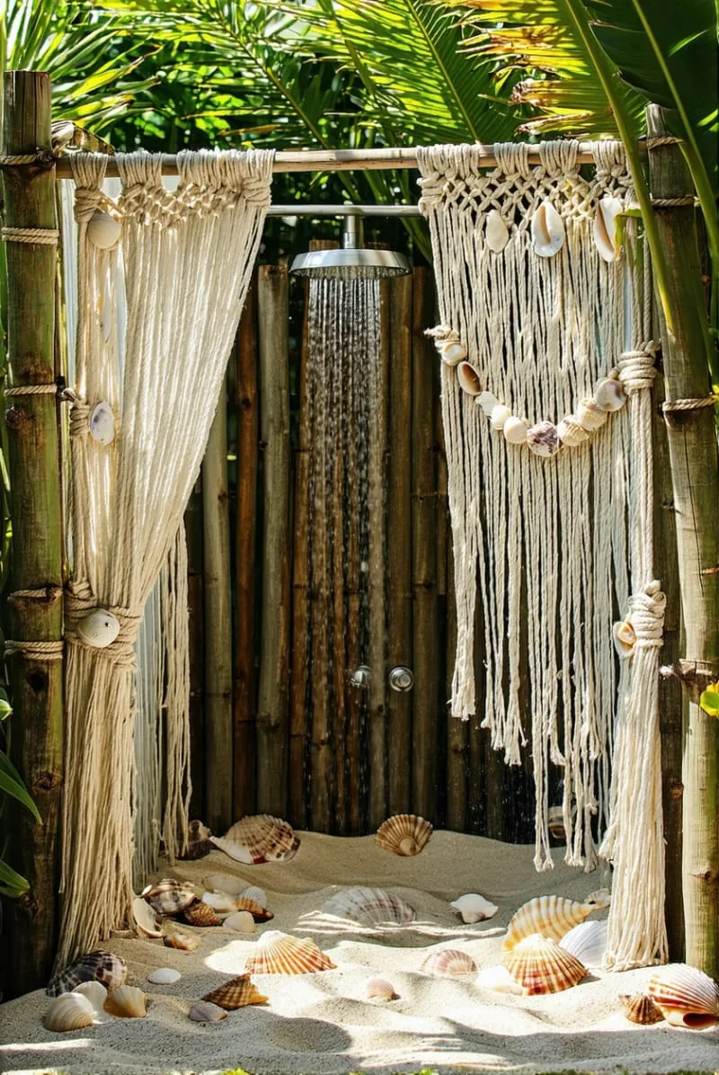 nautical rope curtain shower with sand and seashell flooring 1