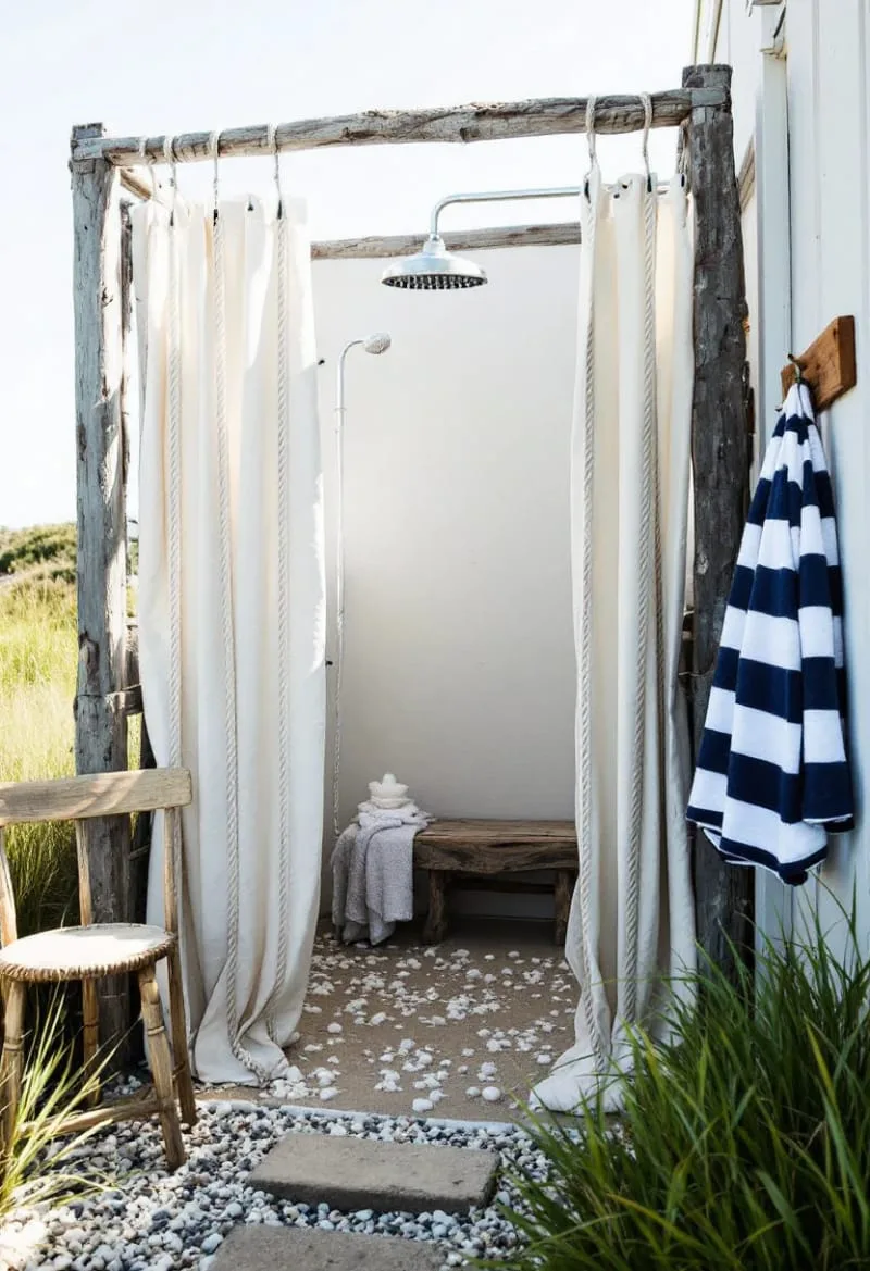 nautical rope curtain shower with sand and seashell flooring 1