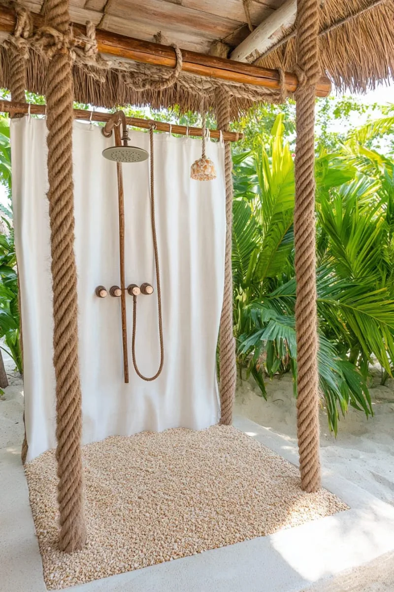 nautical rope curtain shower with sand and seashell flooring 1