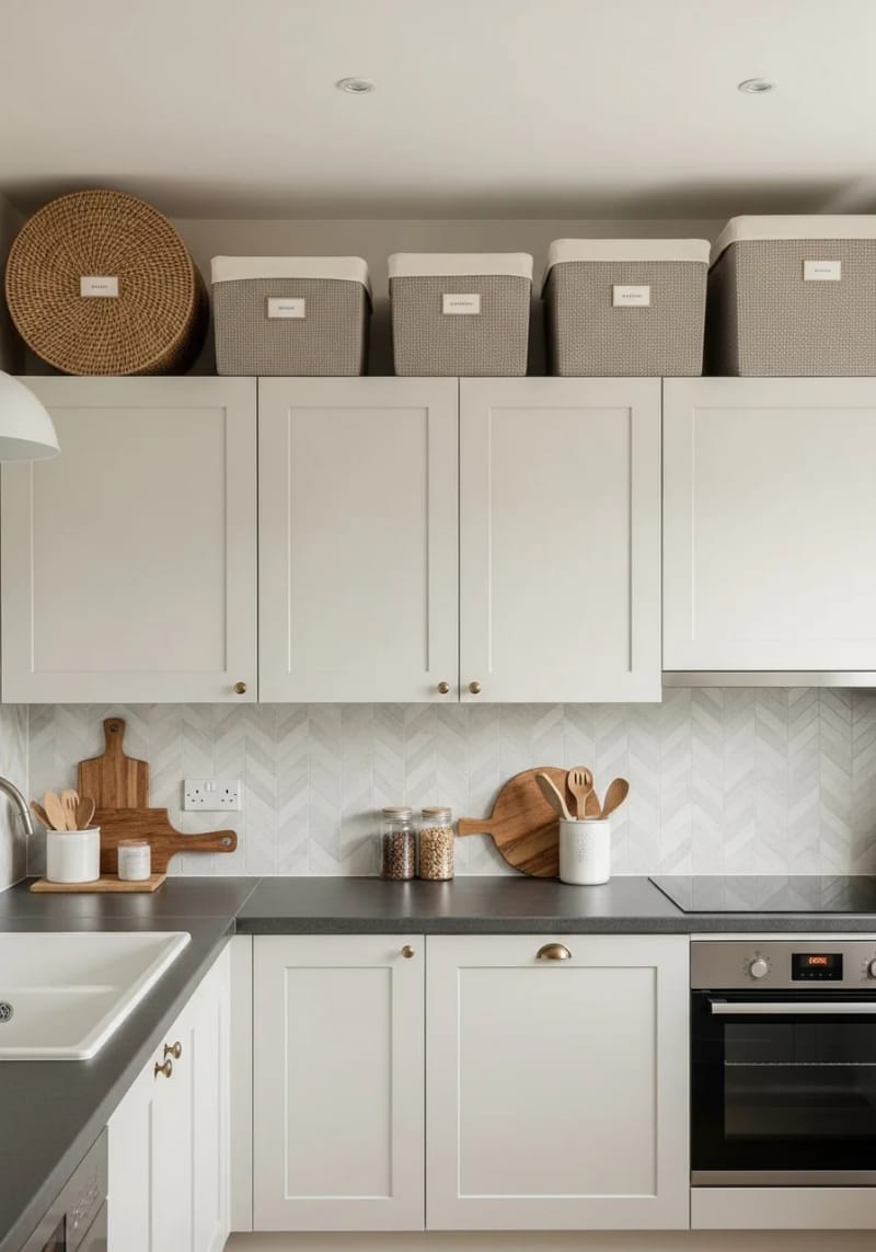 neutral-toned baskets with subtle labels styled above kitchen cabinets 1