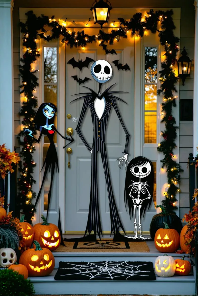 21 Creative Halloween Door Decorations: Ideas for a Festive Welcome 49 nightmare before christmas characters greeting guests at the threshold 1