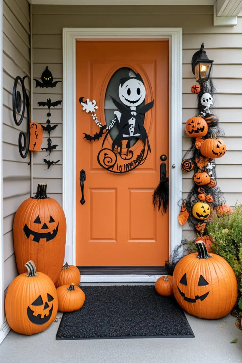 21 Creative Halloween Door Decorations: Ideas for a Festive Welcome 51 nightmare before christmas characters greeting guests at the threshold 1