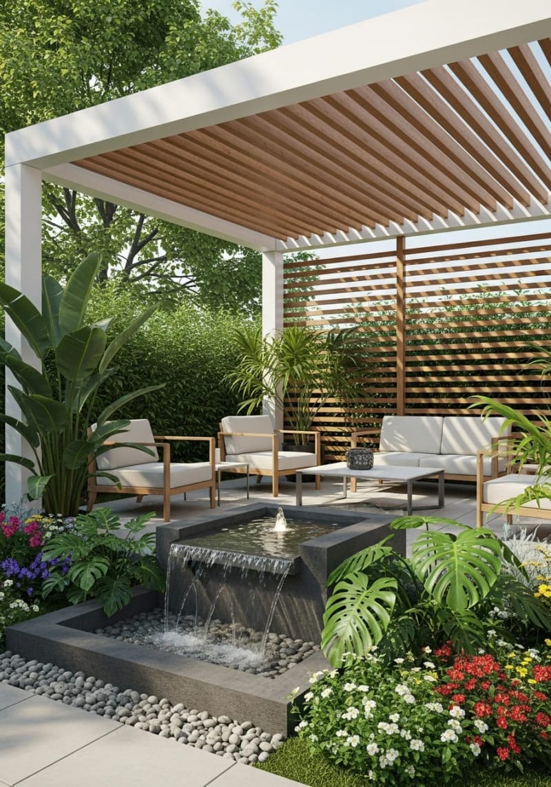 oasis-inspired pergola featuring water feature and lush tropical plants 1